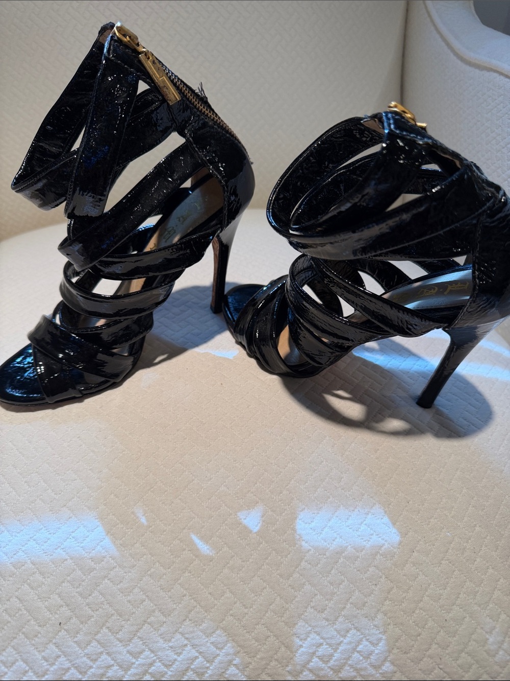 L.A.M.B. Black Patent Strappy Cage Stiletto Sandals